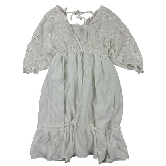 SHEIN White Eyelet Lined Mini Dress Beach Swimsuit Cover Up Elastic Waist Sz S - Picture 1 of 13